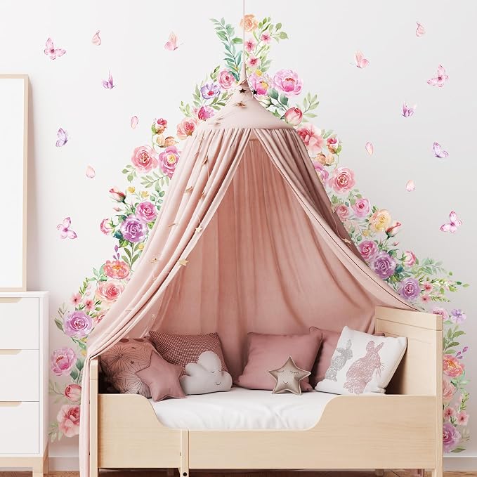 Zonon 6 Pcs Flower Wall Decals Peel and Stick Sticker, Pink Purple Flower | Vinyl Removable Wall Stickers & Mural, Pink Rose Butterfly Wall Decals, Purple Floral Decor for Bedroom, Living Room, Nursery - Image 2