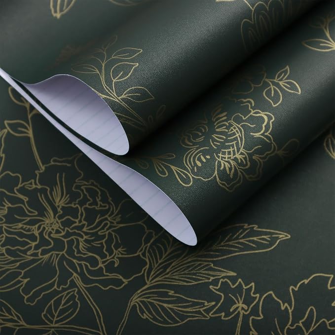 Froluya Green and Gold Peel and Stick Wallpaper for Bathroom 17.7in×590.5in | Dark Green Floral Wallpaper Vintage Contact Paper Peel and Stick Flowers Birds Removable Self Adhesive Cabinets Wall Paper - Image 6