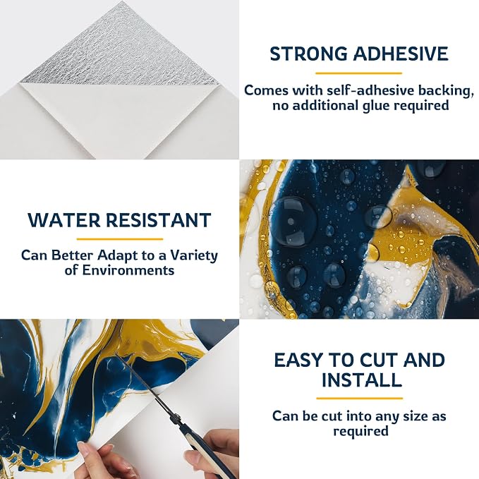 Peel and Stick Wall Panels, Self-Adhesive Waterproof Tile Look Wallpaper, Blue and Gold Marble Design, 2.4mm Thick, 30 Sheets - Image 7