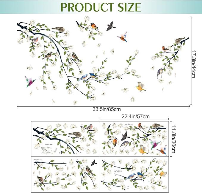 Green Vine Wall Decal White Flowers and Birds on Branch Natural View Wall Sticker DIY Detachable Peel and Stick Wall Art Mural for Living Room Bedroom offcie Home Decor - Image 7