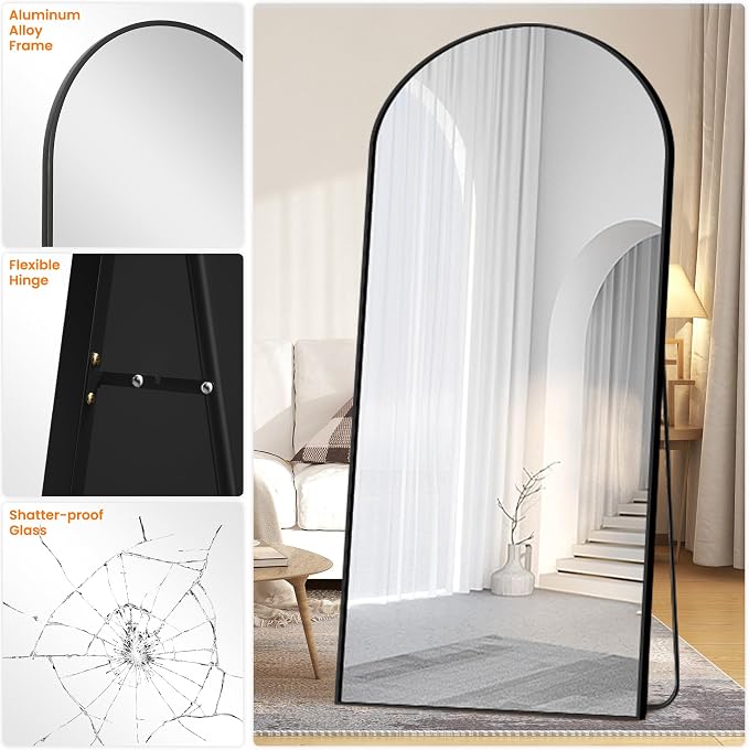 Arched Full Length Mirror, 75"x35" Standing Body Mirror for Wall, Black - Image 8