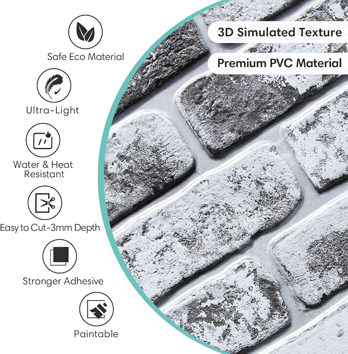 Commomy Faux Brick Panels Peel and Stick Wall Stickers 10 Pcs 11.8" x 11.8" | Small Size Thin PVC Wash Grey Fake 3D Brick Wallpaper for Kitchen,Fireplace,Home Office,Wall Covering Decor(Covers 9.7 sq.ft) - Image 3