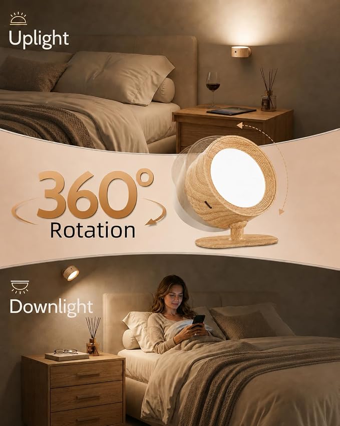 Rechargeable Wall Sconces with Remote, Magnetic Wall Lights, Wood 2 Pack | 3 Color Temperatures, Remote and Touch Control, 360° Rotating and Dimmable for Living Room & Bedroom - Image 7