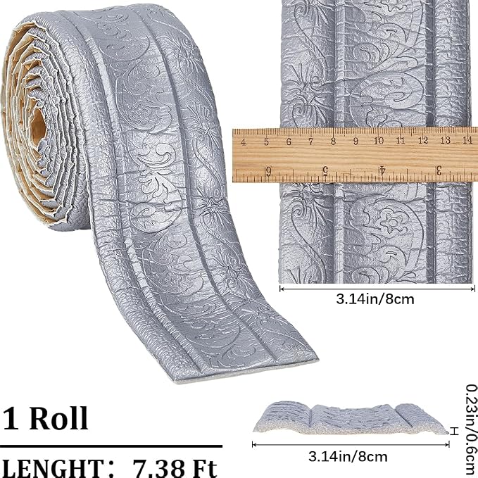 CRASPIRE 88 x 3 Inch Silver 3D Sticky Decorative Wallpaper Border Foam Baseboard Self Adhesive Flexible Foam Trim Molding Peel and Stick Wall Edging Mirror Border Wall Lines Hotel DIY Decor - Image 2