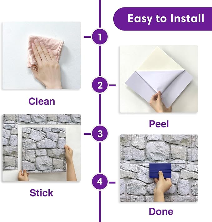 3D Peel and Stick Faux Stone Wall Panels 11.8" x 11.8" 10-Pack | Gray, Stone-Look Textured Wall Sticker, Thin Lightweight PVC Self Adhesive Wall Tiles for Interior Decor, Cover 9.7 sq ft - Image 9