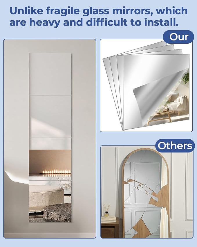 4 Pcs 16" x 16" Acrylic Flexible Mirror Sheets, Peel and Stick Mirror Tiles on Mirrors for Wall, Full Length Body Mirror for Home Gym, Bedroom, Door and Bathroom Decor - Image 3