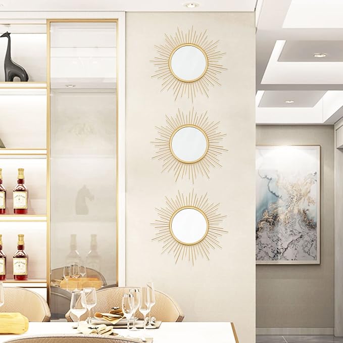 3 Pack Metal Mirrors for Wall Sunburst Wall Mirrors Home Décor Decorative Hanging Wall Art for Living Room Bedroom Entryway (Gold, Sunburst) - Image 5