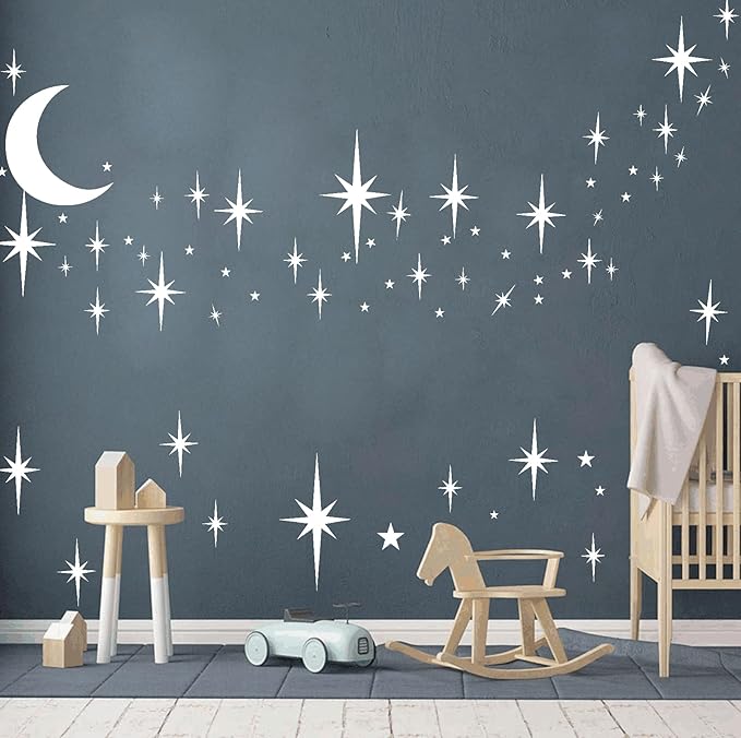 Retro Starburst Wall Decals Stars Wall Sticker Star Moon Vinyl Decal White | Celestial decor, sparkle moon wall stickers decoration, peel and stick, removable art mural, for bedroom living room nursery by Easma