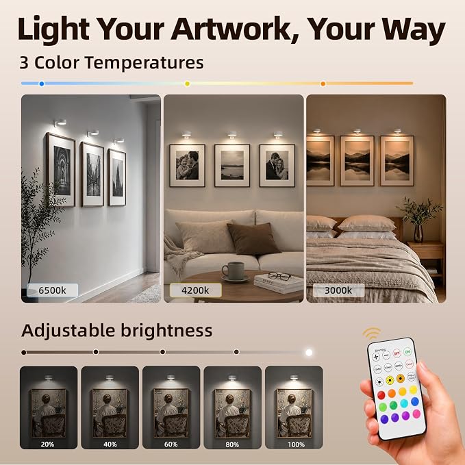 EZVALO Picture Lights for Wall, 2000mAh Rechargeable Battery Magnetic Poster Lights with 3 Color Temps & 12 RGB, Remote Dimmable Timer Painting Light, Wall Decor Light for Art Display, Frame (3 Pack) - Image 4