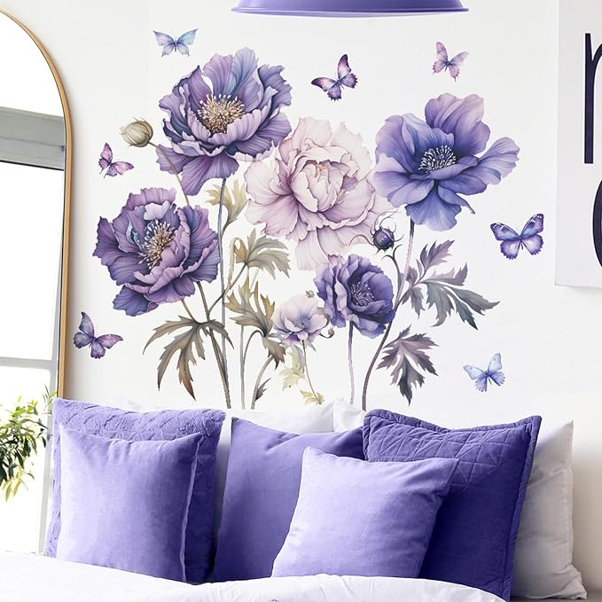 TUOKING Purple Flowers Wall Stickers Removable Butterfly Wall Murals | Peel and Stick Vinyl Wall Art Decal Home Decor for Kitchen,Bedroom,Living Room(fun-c16) by TUOKING