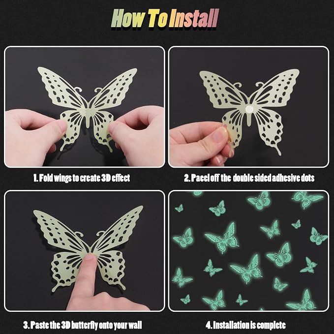 SAOROPEB Glow in The Dark 3D Butterfly 24 Pcs 3 Sizes, Luminous Butterfly Stickers for Ceiling or Wall, Glow in The Dark Party Supplies, Removable Luminous Stickers for Kids Babys Nursery (Green) | 3 Sizes, Luminous Butterfly Stickers for Ceiling Wall,... - Image 8