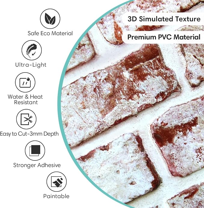 Commomy Faux Brick Wall Panels Peel and Stick Thin PVC 10 Pcs 11.8" x 11.8" | Small Size Thin PVC Fake 3D Brick Wallpaper for Kitchen,Fireplace,Home Office,Wall Covering Decor(Covers 9.7 sq.ft) - Image 3