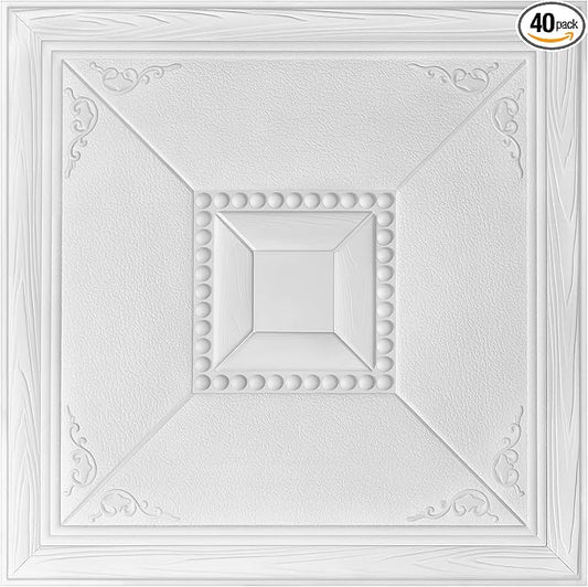 Nuanchu 40 Pcs 13.8 x 13.8 Inch Ceiling Tiles Peel and Stick, Modern | Foam White 3D Wall Panels 26-105.5 Sq. ft Adhesive Glue up Waterproof Wallpaper for DIY Office Home by Nuanchu