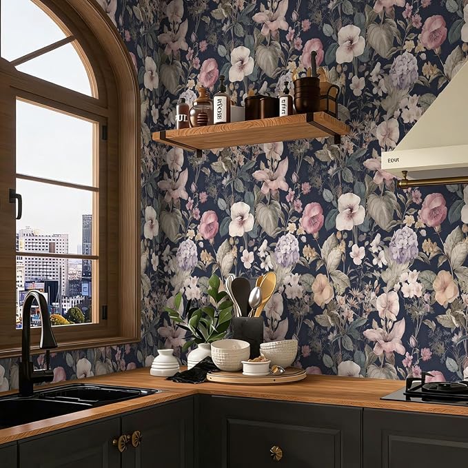 Jeweluck Vintage Floral Peel and Stick Wallpaper Floral Contact Paper 16.9" x 196.8" Dark Flower Wallpaper Peel and Stick Boho Leaf Self Adhesive Removable Wall Paper for Bedroom Decorative Vinyl - Image 3