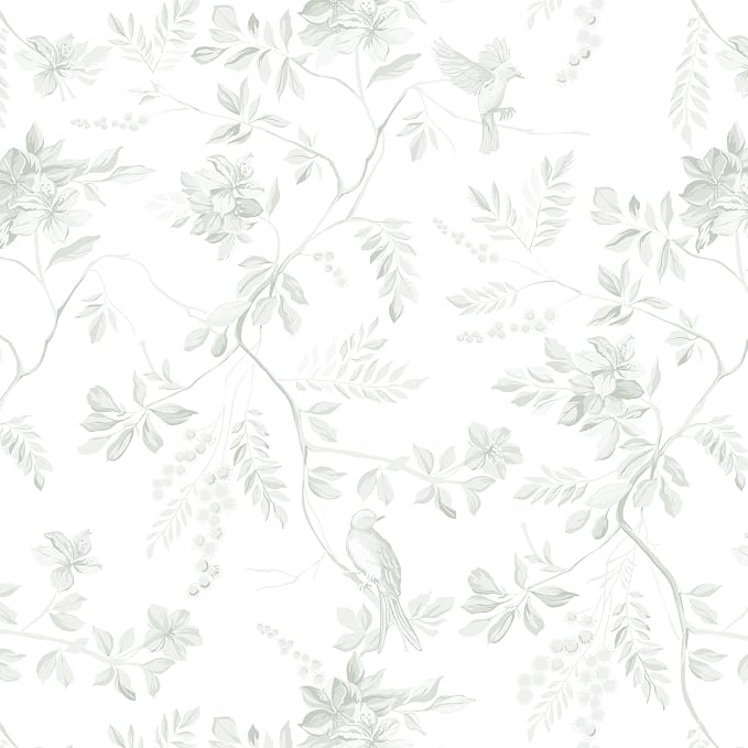 Dimoon 17.3''x78.7'' Green Peel and Stick Wallpaper Floral Modern Sage Light Green Contact Paper White Bird Wallpaper Removable Renter Friendly Waterproof Embossed Kitchen Bedroom Bathroom Vinyl Roll by DIYYOURMOON