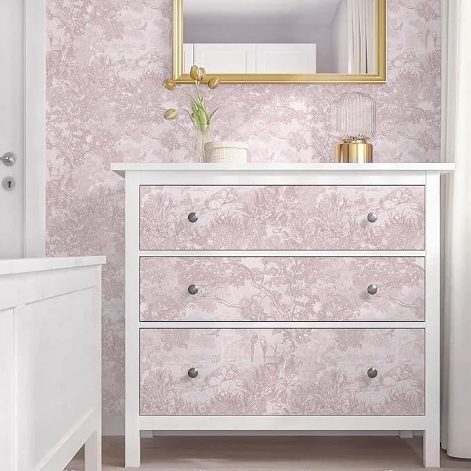 Ismoon Pink Peel and Stick Wallpaper Neutral Wall Paper 17.3in×16.4ft Vintage Removable Self-Adhesive Wallpaper Animals Jungle Contact Paper for Cabinets Bathroom Walls Covering Vinyl Roll - Image 3
