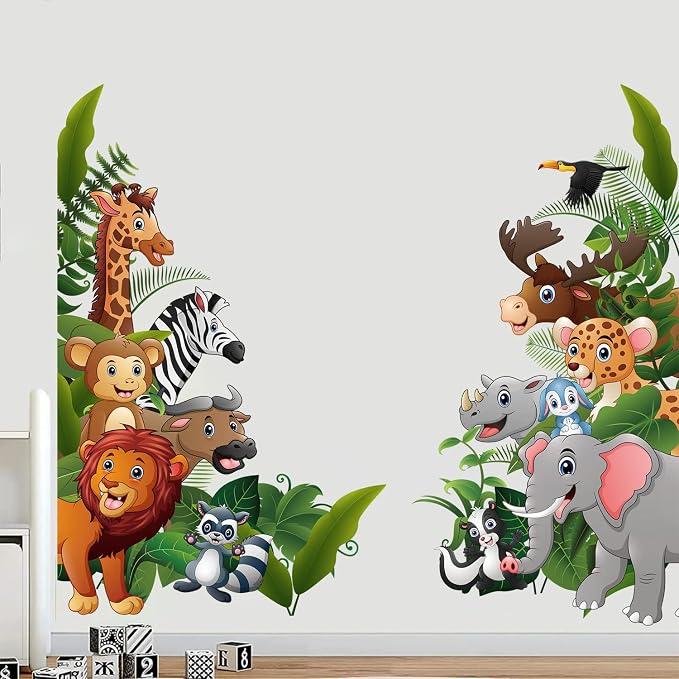 Supzone Jungle Animal Wall Stickers Cartoon Animal Wall Decal Elephant Monkey Giraffe Lion Wall Decor DIY Vinyl Mural Art for Kids Baby Nursery Bedroom Living Room Playroom by Supzone