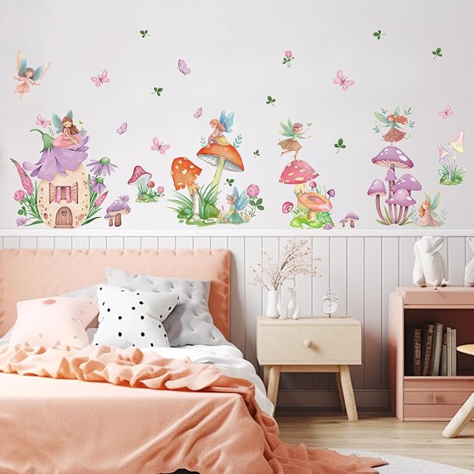 LHIUEM Girls Fairy Wall Decals Butterfly Wall Stickers 39pcs Flowers Wall Decal for Girls Room Removable Vinyl Decals Dacing Girl Mushroom Wallpaper Forest Fairy Girl Wall Sticker for Bedroom Nursery - Image 3