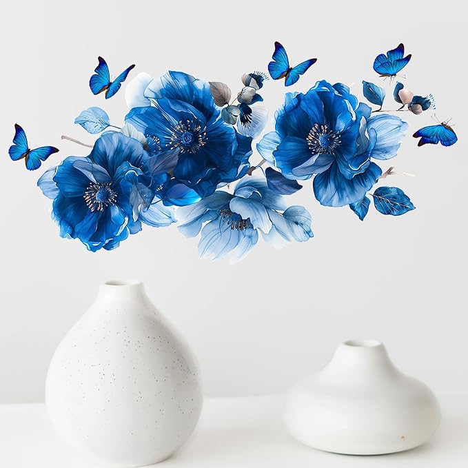 Blue Flower Wall Decals Peel and Stick Peony Floral Wall Sticker Decor Removable Peonies Bouquet Wall Murals with Butterflies for Girls Bedroom Living Room Bathroom Hallway Door Office Kids Nursery - Image 4