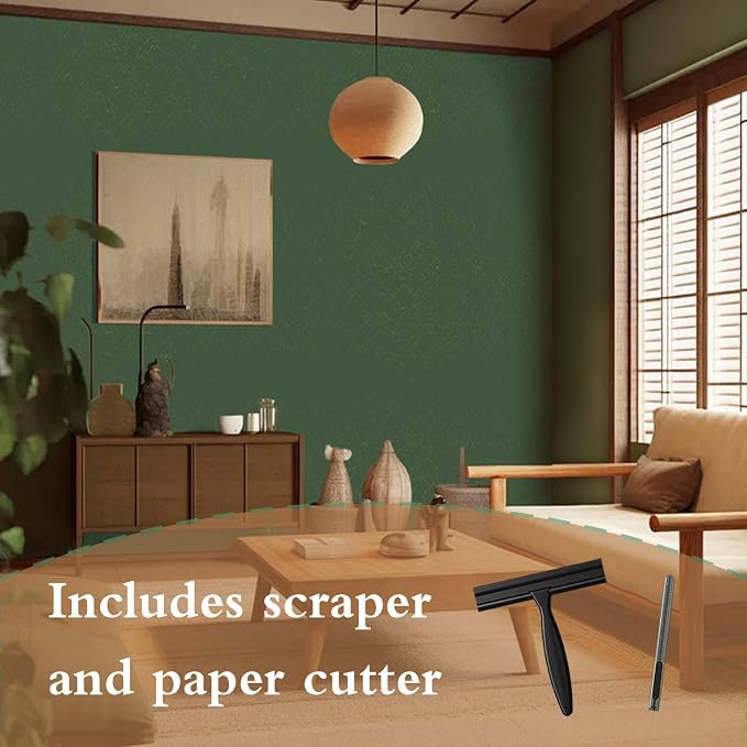 Dark Green Peel and Stick Wallpaper Removable Silk Texture Contact Paper | 15.7" X 196.8" Removable Self Adhesive Textured Wallpaper Covering for Bedroom with Scraper, Paper Cutter - Image 2