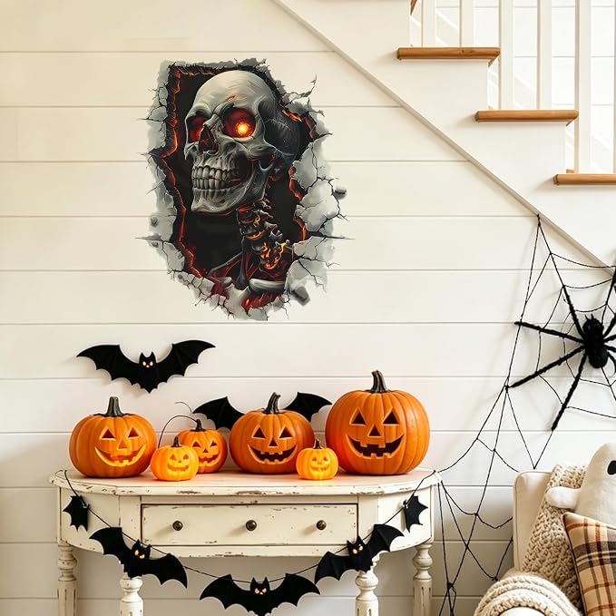 Halloween Skull Wall Decals Scary Skeleton Breaking Through Wall Sticker Flaming Eyes Grim Reaper Removable Vinyl Window Murals Haunted House Horror Theme Party Home Room Decorations - Image 6