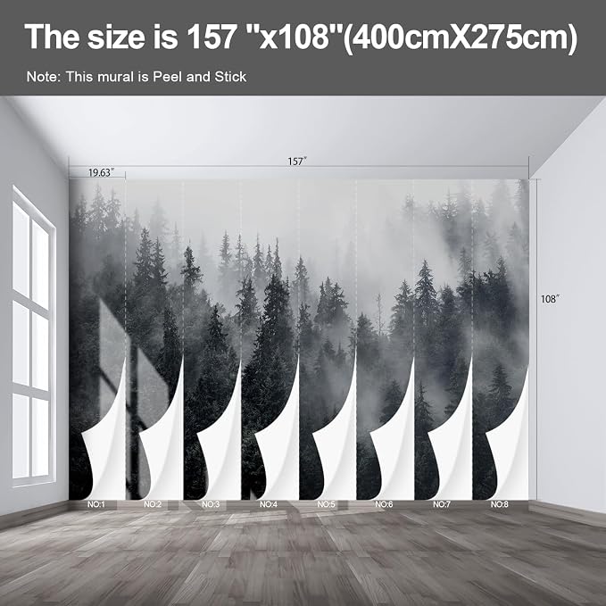 Misty Forest Landscape Large wall murals Woodland Tree Peel and Stick self Adhesive Wallpaper for Bedroom Living Room - 108"x157" - Image 2