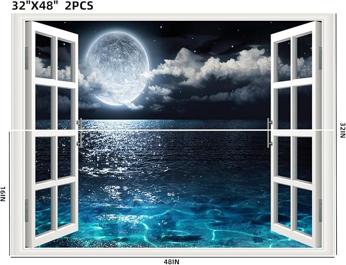 Self-Adhesive Wall Sticker Romantic Living Room Bedroom Study Office Decorative Wall Sticker Ocean Scenery Fake Window Sticker Mural (Moon Beach, 32"×48") - Image 2