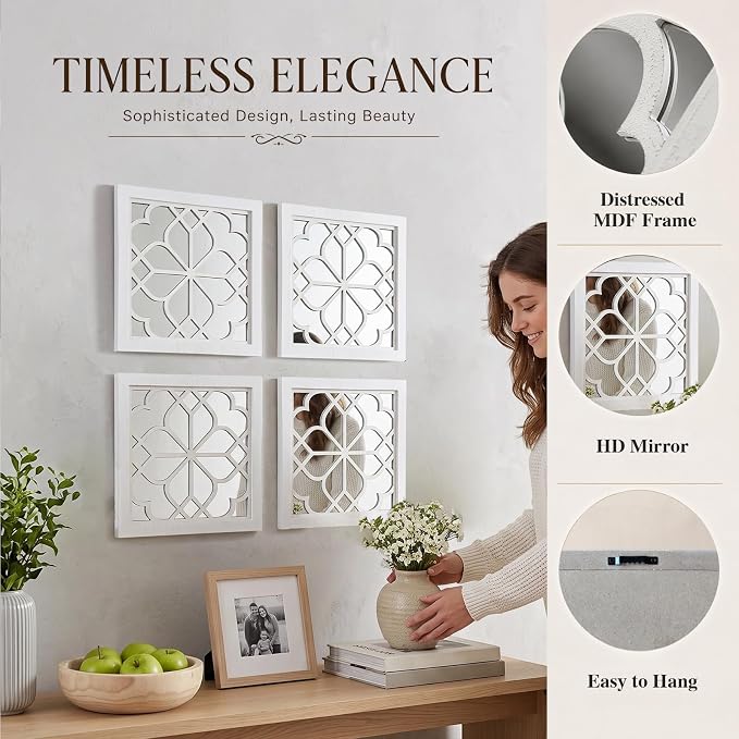 ZEXUIRU 4 Set Rustic Wall Mirrors for Bedroom Bathroom Living Room Entryway Wood Farmhouse Square Easy to Hang Framed Decorative Accent Hanging Wall-Mounted Mirror Set for Living Room -White - Image 5
