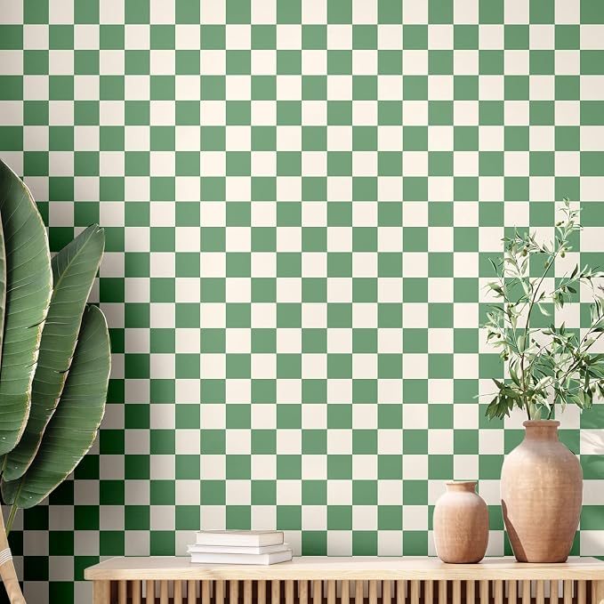 Drydiet Green Checkered Peel and Stick Wallpaper 15.75'' x 118" | Plaid Funky Checkered Contact Paper, Waterproof Contact Wallpaper, Vintage Gingham Decor for Room Bathroom Cabinet, Trendy by Drydiet