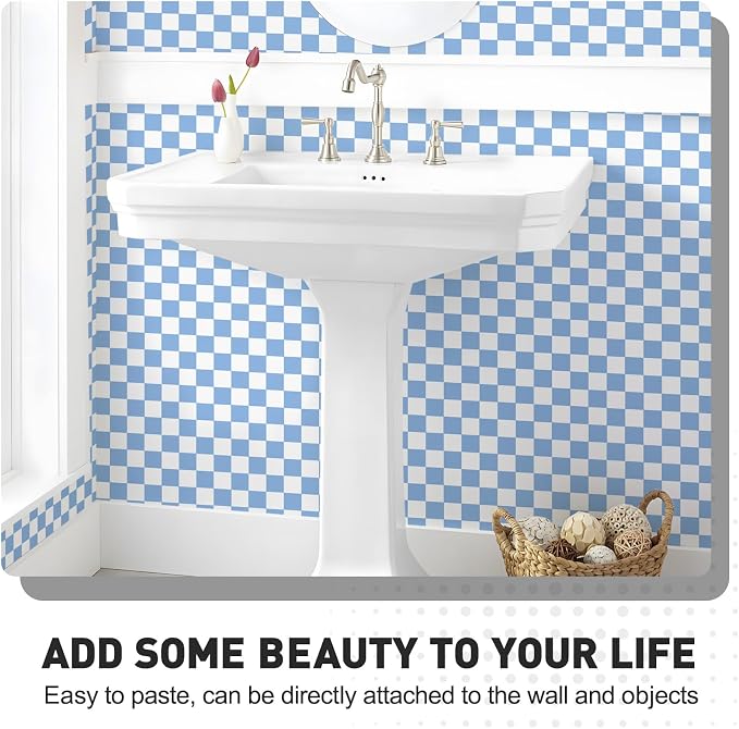 Blue and White Contact Paper Mosaic Checkered Peel and Stick Wallpaper 17.3"x200" Self Adhesive Waterproof Vinyl Roll for Bathroom Kitchen Backsplash Cabinets Shelf Liners Drawers - Image 8