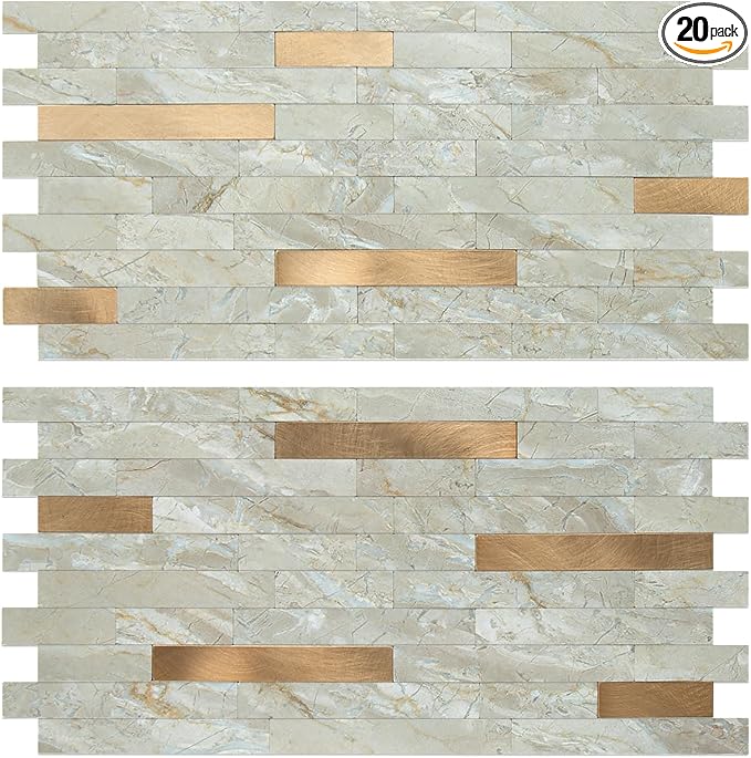 AULIGET 20 Sheets Faux Stone Peel and Stick Backsplash, Light Brown Marble Look PVC Wall Tiles Stick on Backsplash for Kitchen by AULIGET
