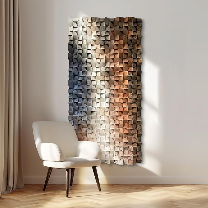 LIUZEYUE Large Pine Block Wall Art Featuring Deep Faceted Texture | vertical wood wall art; deep teal and cream, vertical or horizontal display; conference room long-wall focus; 35.4 x 70.9 in by Unknown