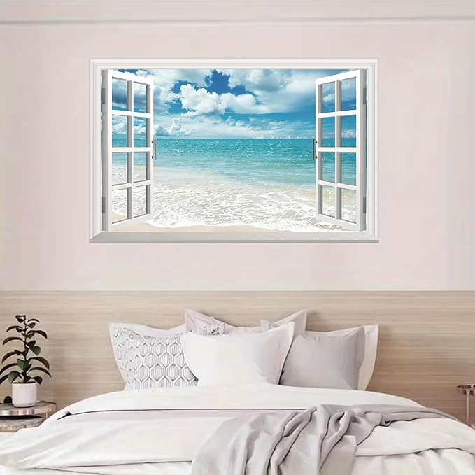 Fake Window Wall Mural White Beach (48"x32") | Peel and Stick Faux Window Wall Sticker Decal Poster for Bedroom Home Decor - Image 5