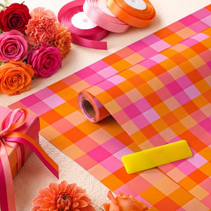 Drydiet Pink and Orange Plaid Wallpaper Peel and Stick 15.8 x 118.1 | Self Adhesive, Checkered Design, Easy Apply Remove, for Home Locker Dorm Classroom Living Room Decor - Image 3