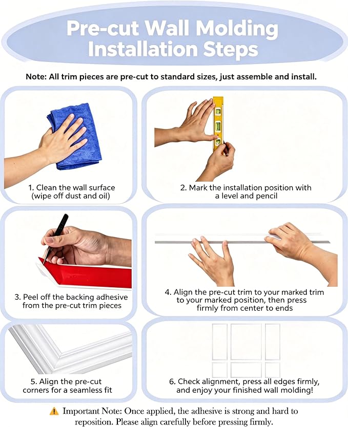 Peel and Stick Wall Molding Kit, 24 Pre-Cut Pieces, 6 Frames for Home Decor | DIY Beginner Friendly, No Drill No Damage, For Rental Apartment, Living Room Bedroom Hallway Accent Walls - Image 8