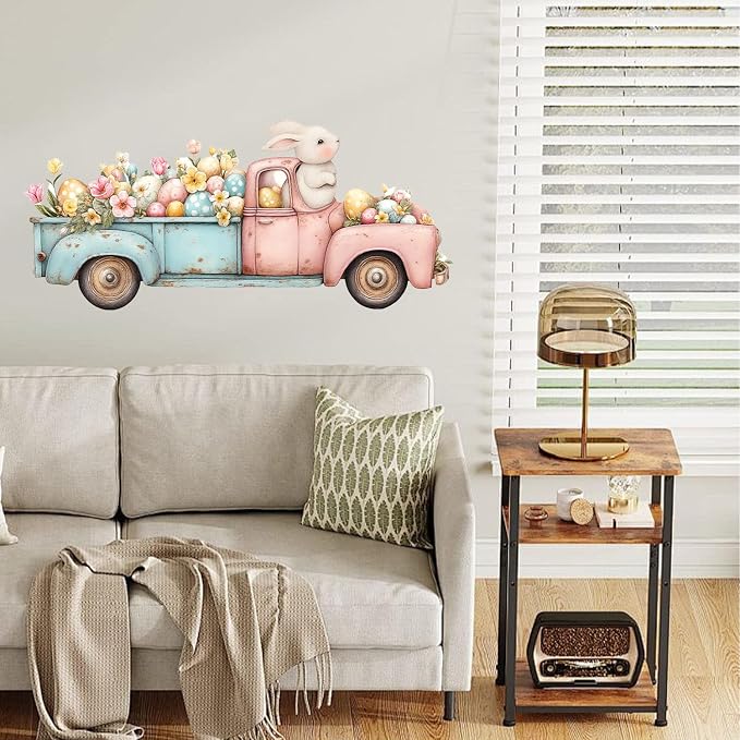 ANNA QUEEN Easter Bunny Truck Wall Decals Peel and Stick Vintage Easter Rabbit Truck Wall Stickers Removable Vinyl Easter Egg Wall Decor for Nursery Kids Room Spring Holiday Wall Art - Image 6