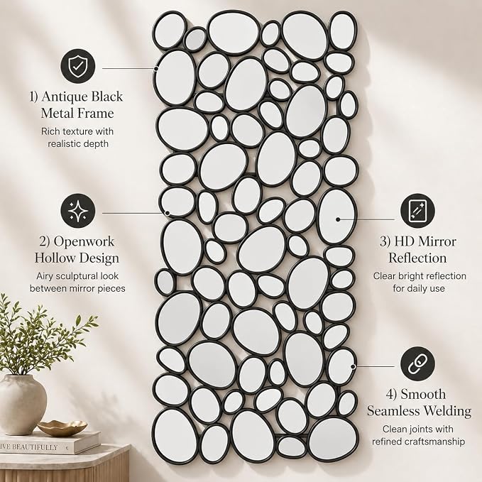 Black Mosaic Wall Mirror, 27.55" x 55" Large Pebble Geometric Decorative Mirror with 71 Irregular Mirror Pieces, Modern Accent Wall Decor for Living Room, Entryway, Bedroom, Hallway - Image 3