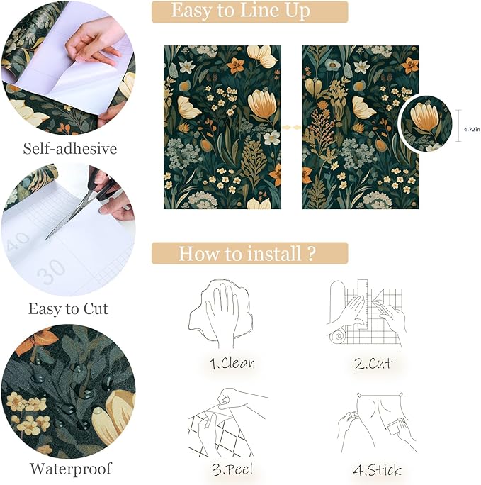 Orainege Vintage Floral Peel and Stick Wallpaper Boho Floral Contact Paper | 17.3in x196.8in Flower Wallpaper Peel and Stick Flower Self Adhesive Wall paper for Bedroom Removable Decorative - Image 4