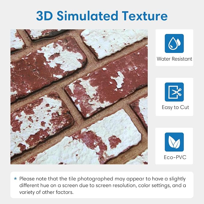 COMSTICKC 3D Faux Brick Wall Panels Peel and Stick Decorative Tiles Sticker | 10 Pcs 15.7" x 11.8", Red Whitewash, Not Real Brick, Thin PVC Fake Brick Backsplsh Sticker Covering for DIY, Cover 12.9 sq ft - Image 3