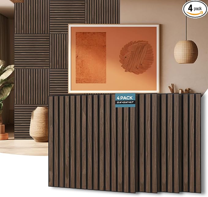AKUMAX 4-Pack Wood Slat Acoustic Wall Panels, 23.6 x 23.6 in 3D Sound-Absorbing Panels for Walls & Ceilings, Fire-Retardant, FSC-Certified Materials, 15.5 Sq Ft, Black Walnut by AKUMAXWOODWALLPANELS