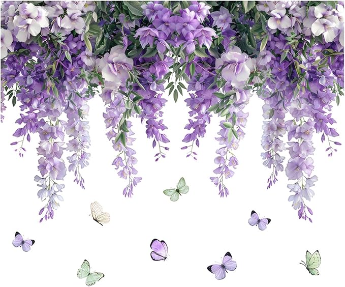 Purple Hanging Vine Wall Decals, Removable Wisteria Floral Vinyl Stickers, Flower Vine Butterfly Stickers Art Wallpaper for Home Clings Bathroom Bedroom Living Room Wall Corner Decor - Image 7