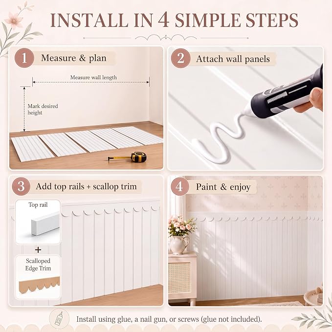 Nuanchu 1 Sets 37.8" x 118" Scalloped Wainscoting Wall Panel Kit Decor | 12 Board and Batten Paintable Accent Wall Panel, Pre Cut Beadboard with 4 Top Rail 4 Decorative Scallop Trim, Nursery Bedroom - Image 3