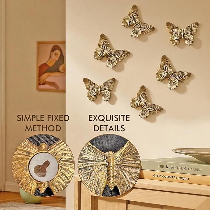GUSFREUD 3D Butterfly Wall Decor Set – Resin Wall Decor for Living Room, Bedroom, Bathroom, Dining Room, Outdoor and Gallery Walls - Antique Copper - Set of 6 - Image 4