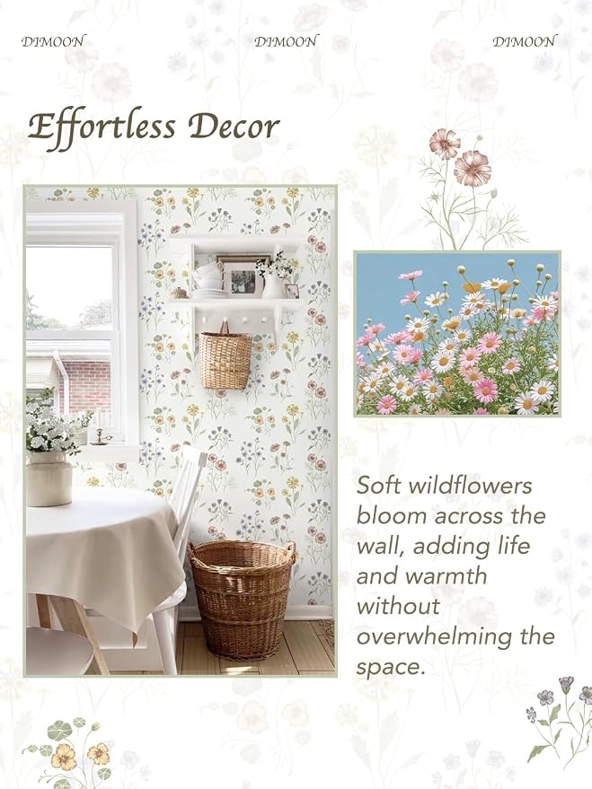 Dimoon 17.3''x78.7'' Floral Peel and Stick Wallpaper Boho Vintage Botanical Farmhouse Renter Friendly Contact Paper Bathroom Kitchen Village Country Cottage Small Floral Wallpaper Waterproof Vinyl - Image 3