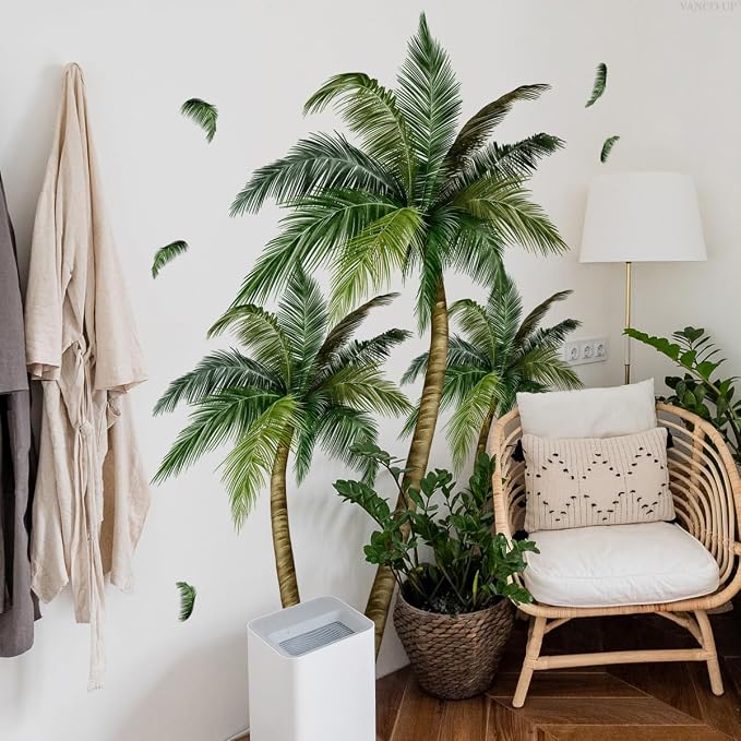 2 Sheets Palm Tree Wall Decals Peel and Stick Coconut Wall Stickers & Murals Green Leaves Wall Decor Removable Beach Stickers for Living Room Bedroom Classroom Bathroom Nursery Coconut Girl Room Decor by SWORNADecorationLLC