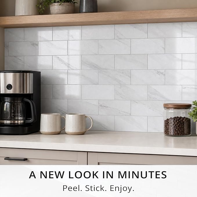 StyloVue 100 Pieces Peel and Stick Backsplash for Kitchen, 3" x 6" PVC Subway Tile, 2026 Upgraded Sparkle White Marble, Stick on Wall Tile for Kitchen, Bathroom, Fireplace, RV - Image 2