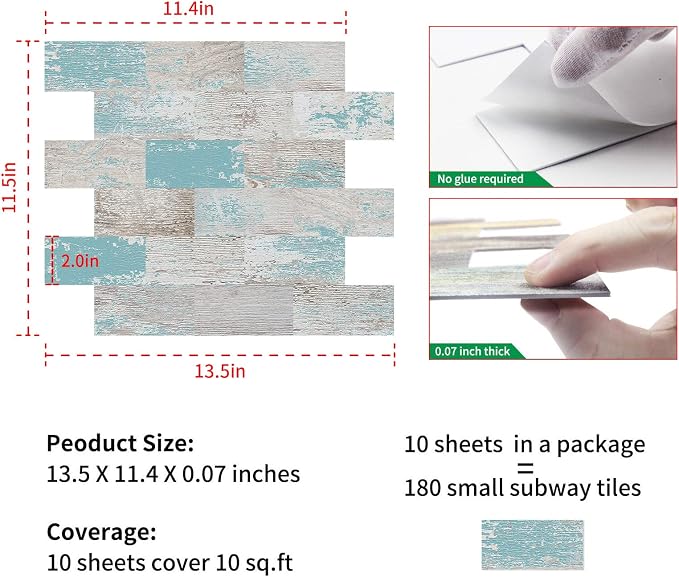 DEWOO Peel and Stick Wall Tile Kitchen Backsplash Self Adhesive 10 Sheet | PVC,Rustic,Faux,Vintage,Country,for Bathroom,Farmhouse,13.5" x 11.4" - Image 6