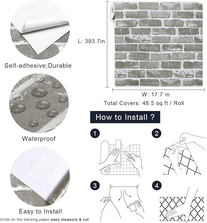 Timeet 17.7''×393.7'' Vintage Gray Brick Peel and Stick Wallpaper Self Adhesive Contact Paper 3D Faux Textured Stone Removable Wallpaper for Bedroom Living Room Home Decor Vinyl Roll Film - Image 4