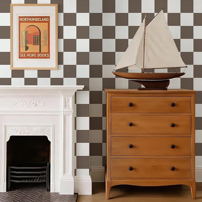 Ismoon Plaid Peel and Stick Wallpaper Vintage Brown Contact Paper 17.3"x78.7" Neutral Mosaic Checkered Wallpaper Stick on Removable Wall Paper for Cabeints Bedroom Kitchen Renter Friendly Vinyl - Image 7