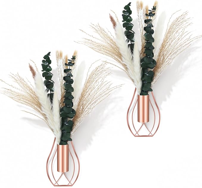 Otoolling Boho Wall Decor Set of 2 – Metal Hanging Wall Art with Faux Pampas or Eucalyptus,Minimalist Bohemian Accent for Living Room, Bedroom, Entryway (Rose Gold,Pampas,Eucalyptus) by Otoolling